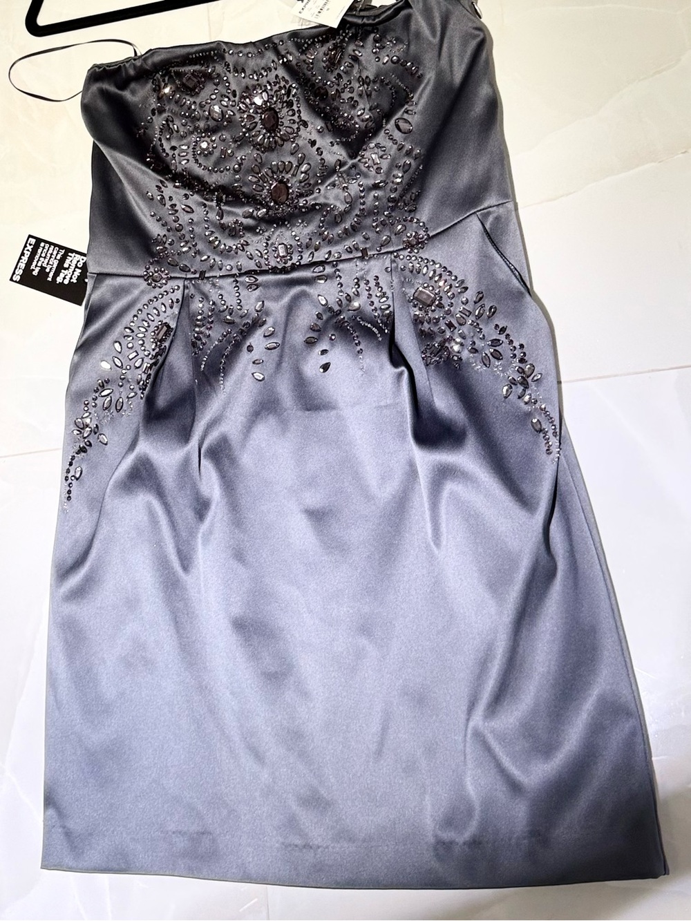 Express Strapless Embellished Satin Dress - Charcoal Gray